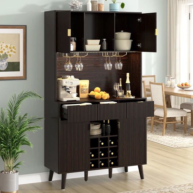 Alt view image 2 of 7 - 72.2 Inch High Kitchen Bar Cabinet with Electrical Outlet and LED, Wine Bottle Storage with Nine Grid Wine Rack