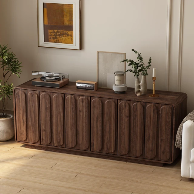 Alt view image 4 of 7 - Door Sideboard Cabinet, Curved Textured Cabinet Doors Wooden Storage Buffet Credenza with Adjustable Shelves Large