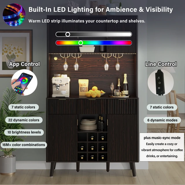 Alt view image 4 of 7 - 72.2 Inch High Kitchen Bar Cabinet with Electrical Outlet and LED, Wine Bottle Storage with Nine Grid Wine Rack