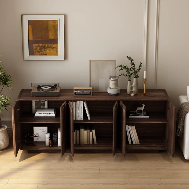 Alt view image 5 of 7 - Door Sideboard Cabinet, Curved Textured Cabinet Doors Wooden Storage Buffet Credenza with Adjustable Shelves Large