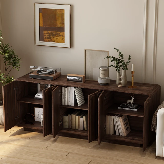 Alt view image 6 of 7 - Door Sideboard Cabinet, Curved Textured Cabinet Doors Wooden Storage Buffet Credenza with Adjustable Shelves Large
