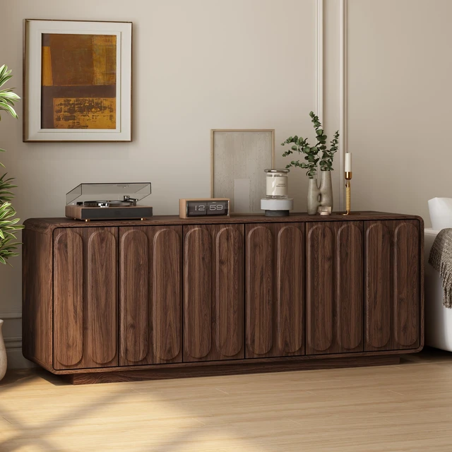 Alt view image 3 of 7 - Door Sideboard Cabinet, Curved Textured Cabinet Doors Wooden Storage Buffet Credenza with Adjustable Shelves Large