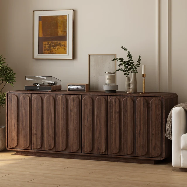 Alt view image 2 of 7 - Door Sideboard Cabinet, Curved Textured Cabinet Doors Wooden Storage Buffet Credenza with Adjustable Shelves Large