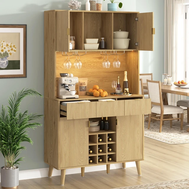Alt view image 2 of 7 - 72.2 Inch High Kitchen Bar Cabinet with Electrical Outlet and LED, Wine Bottle Storage with Nine Grid Wine Rack