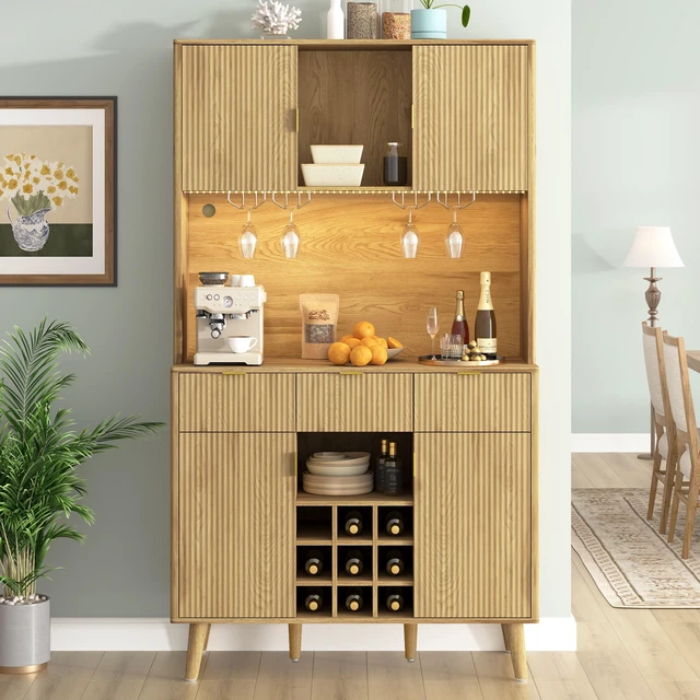 Main image of 72.2 Inch High Kitchen Bar Cabinet with Electrical Outlet and LED, Wine Bottle Storage with Nine Grid Wine Rack