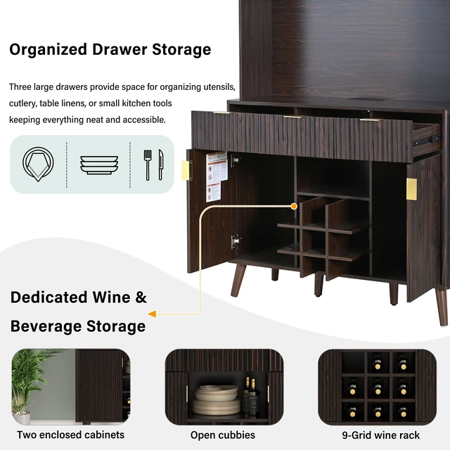 Alt view image 5 of 7 - 72.2 Inch High Kitchen Bar Cabinet with Electrical Outlet and LED, Wine Bottle Storage with Nine Grid Wine Rack