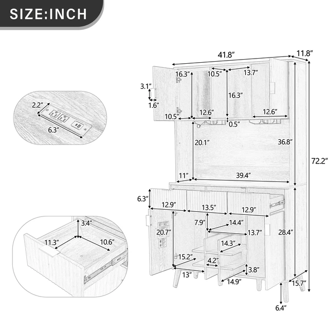 Alt view image 3 of 7 - 72.2 Inch High Kitchen Bar Cabinet with Electrical Outlet and LED, Wine Bottle Storage with Nine Grid Wine Rack