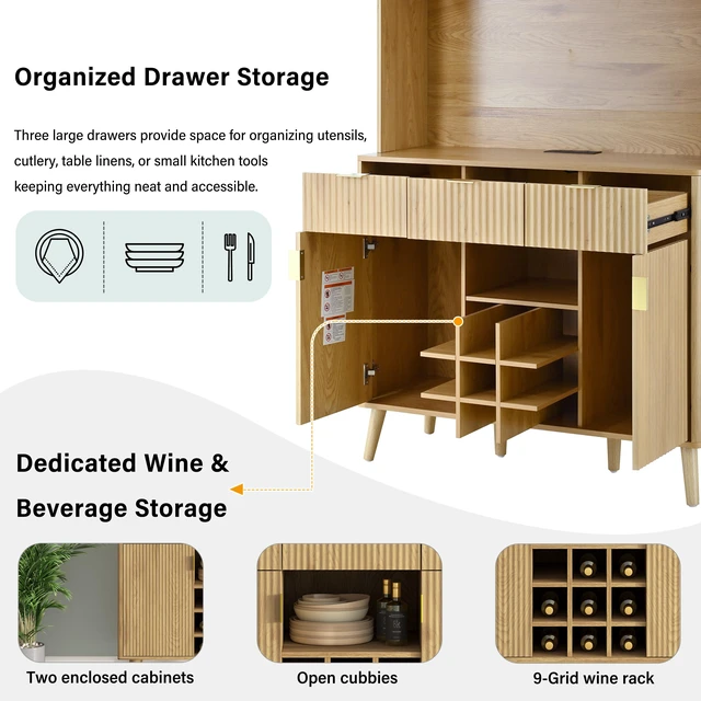 Alt view image 5 of 7 - 72.2 Inch High Kitchen Bar Cabinet with Electrical Outlet and LED, Wine Bottle Storage with Nine Grid Wine Rack