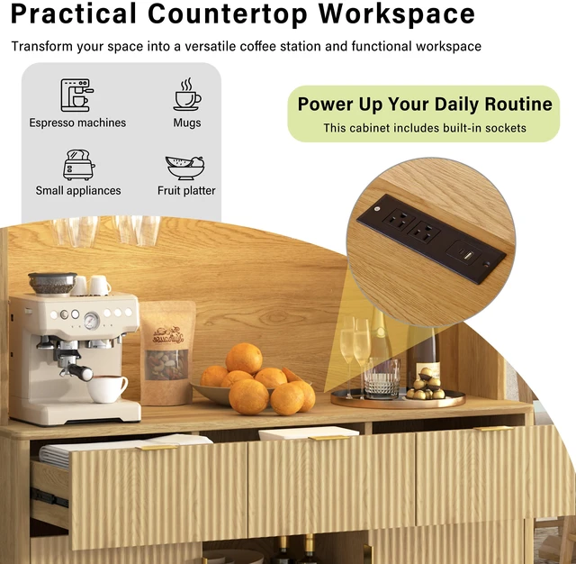 Alt view image 6 of 7 - 72.2 Inch High Kitchen Bar Cabinet with Electrical Outlet and LED, Wine Bottle Storage with Nine Grid Wine Rack