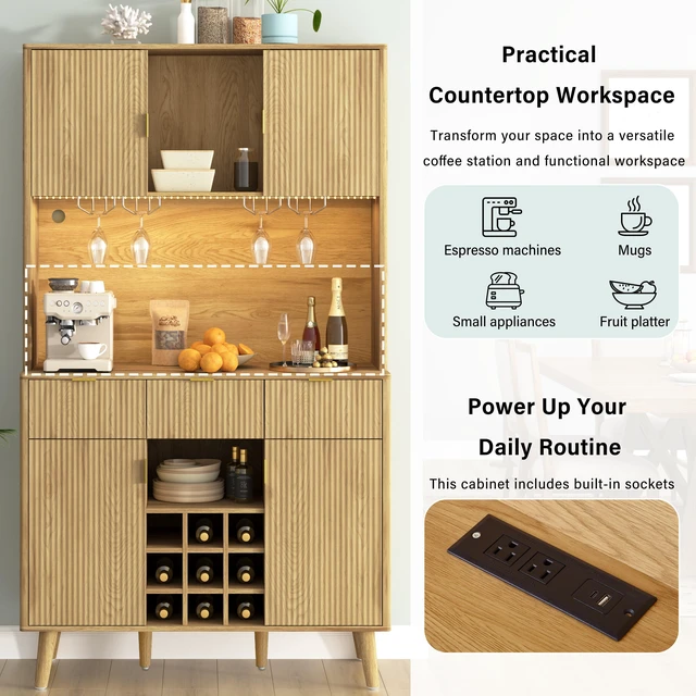 Alt view image 4 of 7 - 72.2 Inch High Kitchen Bar Cabinet with Electrical Outlet and LED, Wine Bottle Storage with Nine Grid Wine Rack