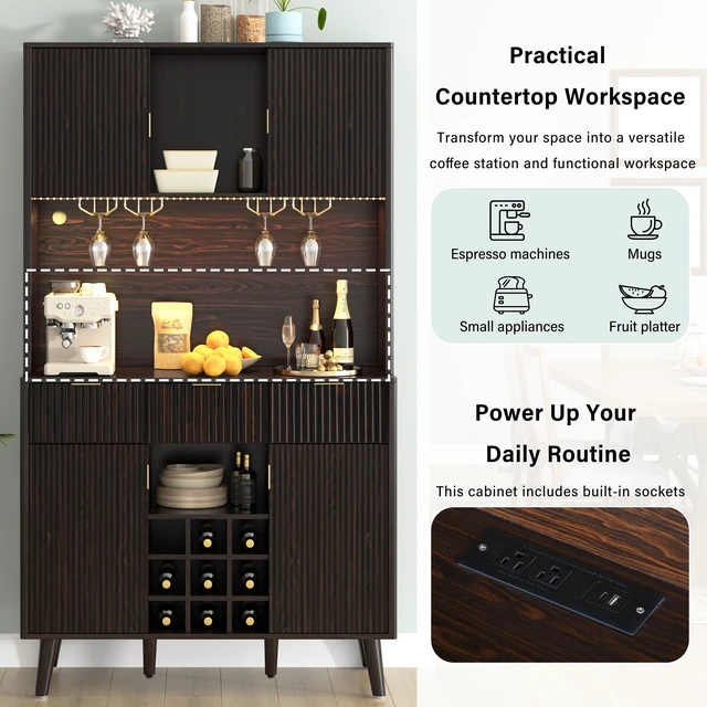Alt view image 7 of 7 - 72.2 Inch High Kitchen Bar Cabinet with Electrical Outlet and LED, Wine Bottle Storage with Nine Grid Wine Rack