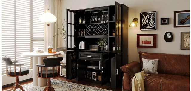 Alt view image 3 of 7 - 74.1 Inch Tall Wine Cabinet with Wine Rack and Glass Holder, 4 Door Storage Cabinet with Drawer and Open Shelves