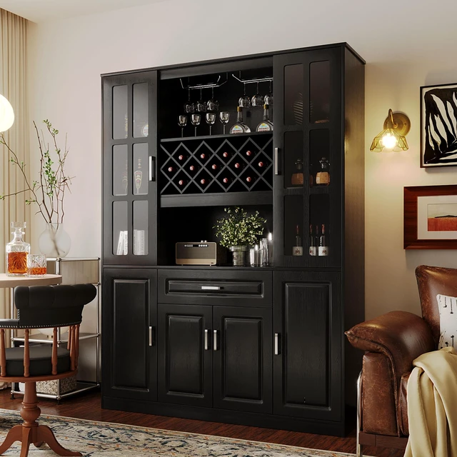 Main image of 74.1 Inch Tall Wine Cabinet with Wine Rack and Glass Holder, 4 Door Storage Cabinet with Drawer and Open Shelves