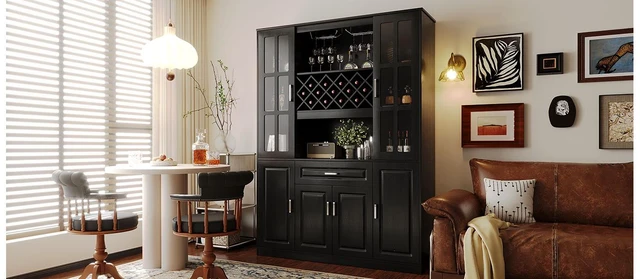 Alt view image 4 of 7 - 74.1 Inch Tall Wine Cabinet with Wine Rack and Glass Holder, 4 Door Storage Cabinet with Drawer and Open Shelves