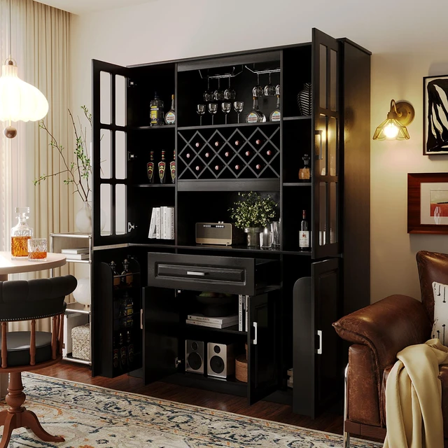 Alt view image 2 of 7 - 74.1 Inch Tall Wine Cabinet with Wine Rack and Glass Holder, 4 Door Storage Cabinet with Drawer and Open Shelves