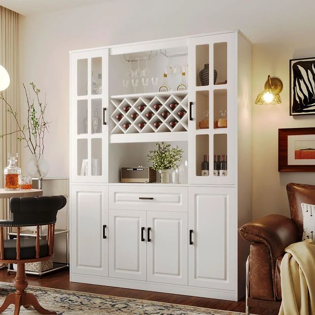 Main image of 74.1 Inch Tall Wine Cabinet with Wine Rack and Glass Holder, 4 Door Storage Cabinet with Drawer and Open Shelves