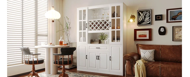 Alt view image 3 of 7 - 74.1 Inch Tall Wine Cabinet with Wine Rack and Glass Holder, 4 Door Storage Cabinet with Drawer and Open Shelves