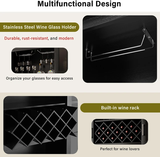 Alt view image 6 of 7 - 74.1 Inch Tall Wine Cabinet with Wine Rack and Glass Holder, 4 Door Storage Cabinet with Drawer and Open Shelves