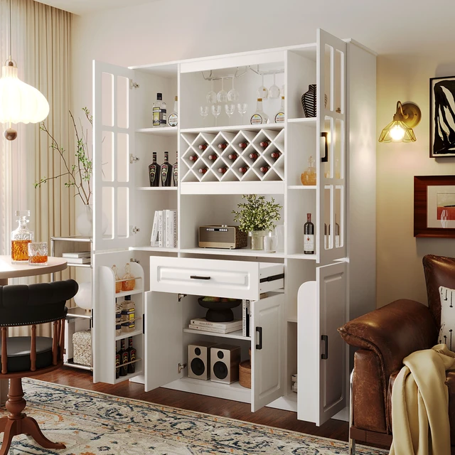 Alt view image 2 of 7 - 74.1 Inch Tall Wine Cabinet with Wine Rack and Glass Holder, 4 Door Storage Cabinet with Drawer and Open Shelves