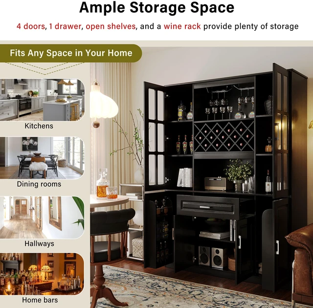 Alt view image 5 of 7 - 74.1 Inch Tall Wine Cabinet with Wine Rack and Glass Holder, 4 Door Storage Cabinet with Drawer and Open Shelves