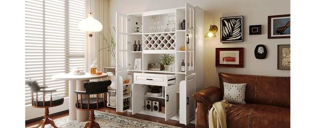 Alt view image 4 of 7 - 74.1 Inch Tall Wine Cabinet with Wine Rack and Glass Holder, 4 Door Storage Cabinet with Drawer and Open Shelves