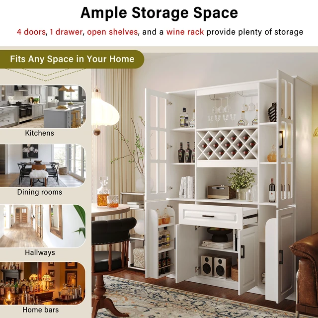 Alt view image 5 of 7 - 74.1 Inch Tall Wine Cabinet with Wine Rack and Glass Holder, 4 Door Storage Cabinet with Drawer and Open Shelves