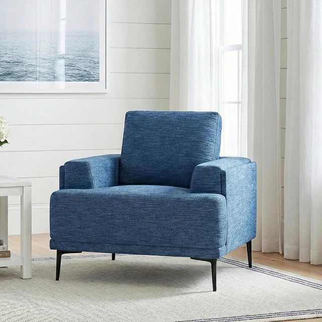 Main image of Accent Chair Chenille Fabric Upholstered Comfort Armchair Solid Living Furniture 1 pc, Blue, Plywood and Solid Wood