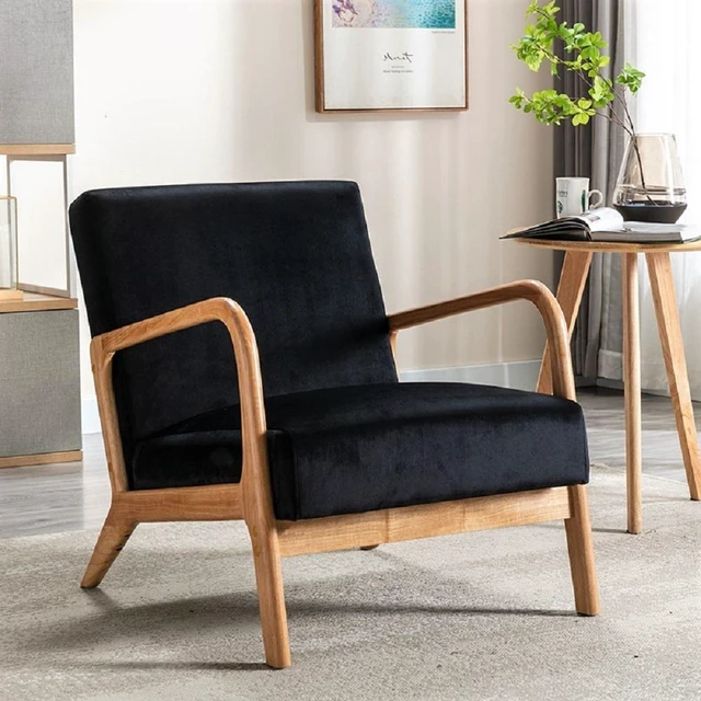Main image of Mid Century Accent Chairs for Living, Espresso Finish Open Framed Armchair with Cushioning and Velvet Fabric, Black