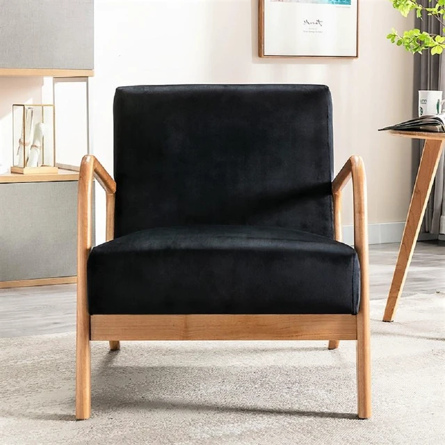 Alt view image 2 of 7 - Mid Century Accent Chairs for Living, Espresso Finish Open Framed Armchair with Cushioning and Velvet Fabric, Black