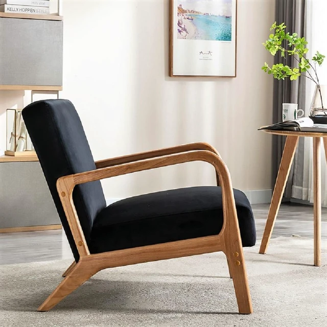 Alt view image 3 of 7 - Mid Century Accent Chairs for Living, Espresso Finish Open Framed Armchair with Cushioning and Velvet Fabric, Black