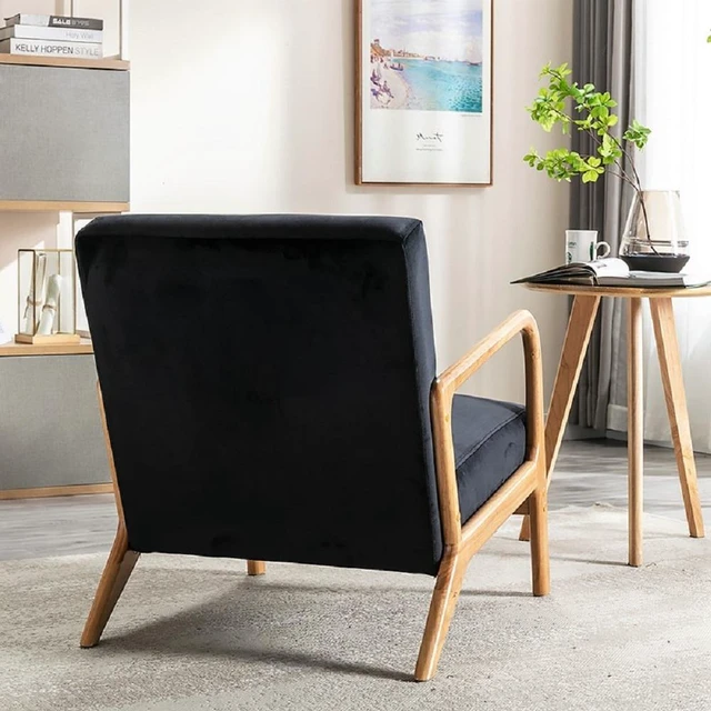 Alt view image 4 of 7 - Mid Century Accent Chairs for Living, Espresso Finish Open Framed Armchair with Cushioning and Velvet Fabric, Black