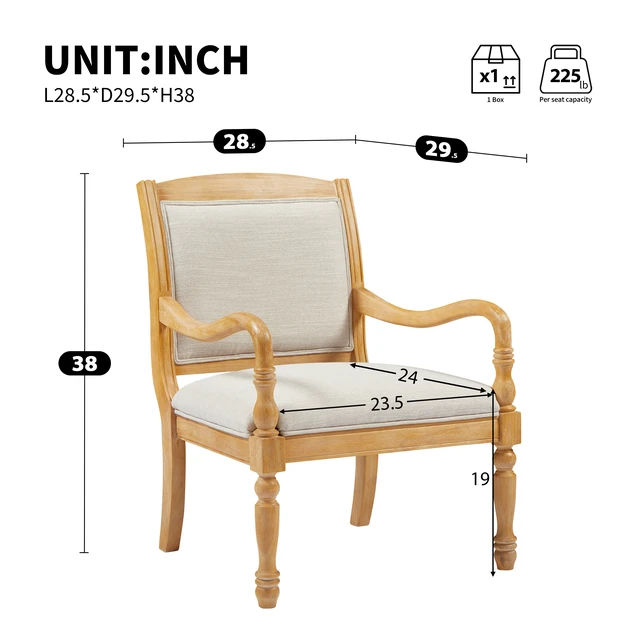 Alt view image 2 of 7 - 28.5 Inch Upholstered Accent Chair with Solid Wood Frame, Spindle Legs Carved Arms Polyester Armchair for Living, Beige