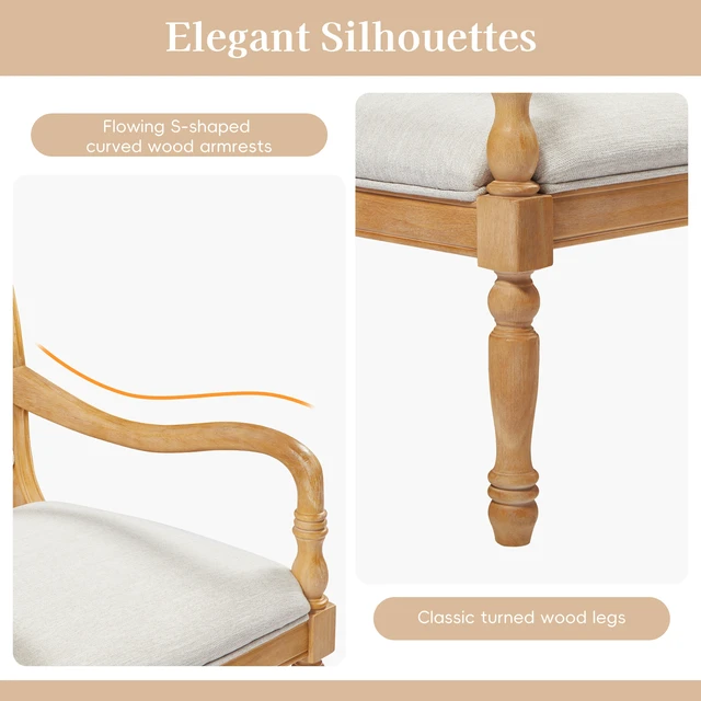 Alt view image 4 of 7 - 28.5 Inch Upholstered Accent Chair with Solid Wood Frame, Spindle Legs Carved Arms Polyester Armchair for Living, Beige