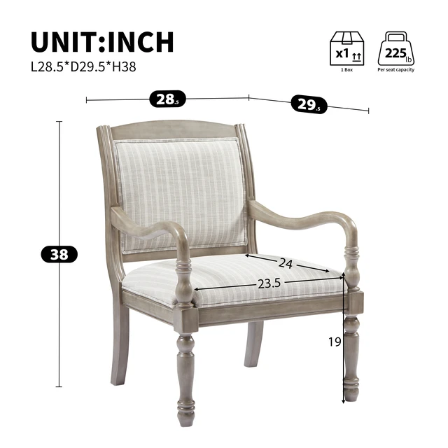 Alt view image 2 of 7 - 28.5 Inch Upholstered Accent Chair with Solid Wood Frame, Spindle Legs Carved Arms Polyester Armchair for Living, Gray