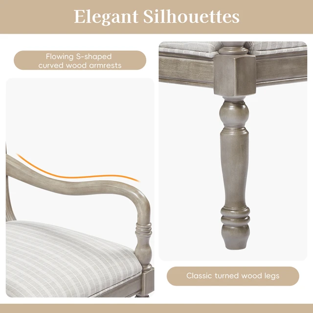 Alt view image 4 of 7 - 28.5 Inch Upholstered Accent Chair with Solid Wood Frame, Spindle Legs Carved Arms Polyester Armchair for Living, Gray