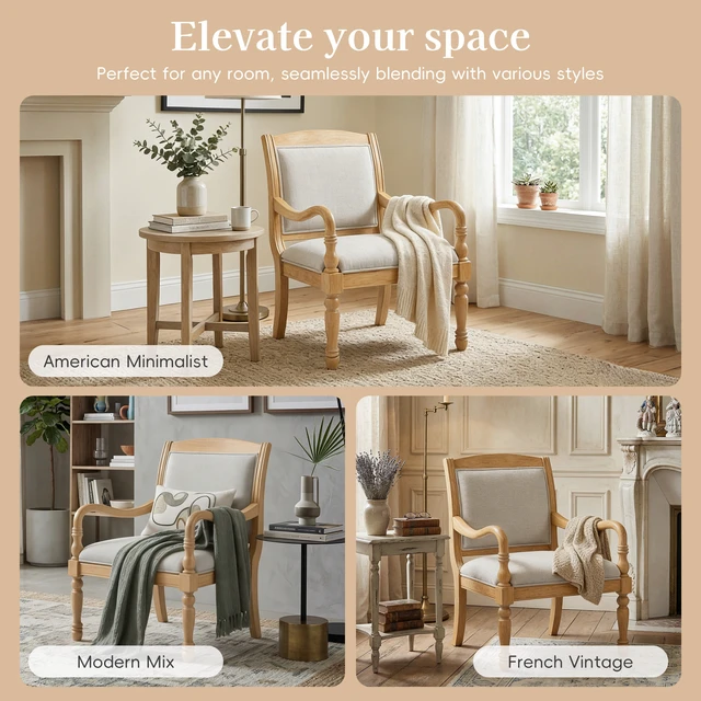 Alt view image 6 of 7 - 28.5 Inch Upholstered Accent Chair with Solid Wood Frame, Spindle Legs Carved Arms Polyester Armchair for Living, Beige