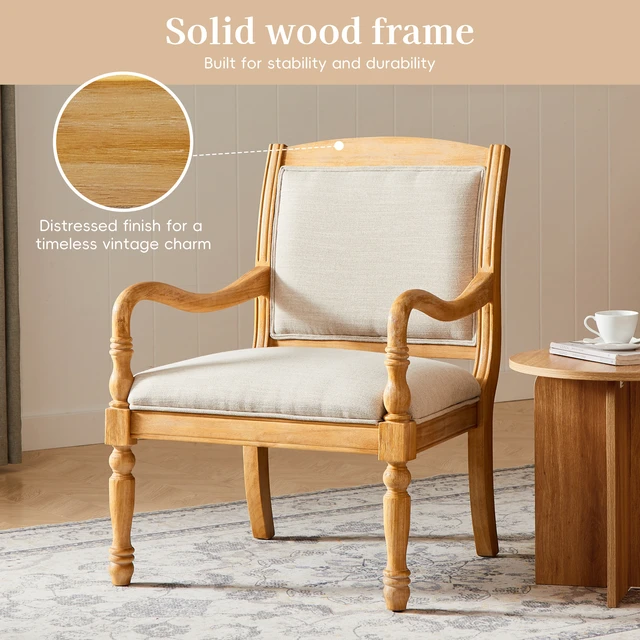 Alt view image 7 of 7 - 28.5 Inch Upholstered Accent Chair with Solid Wood Frame, Spindle Legs Carved Arms Polyester Armchair for Living, Beige