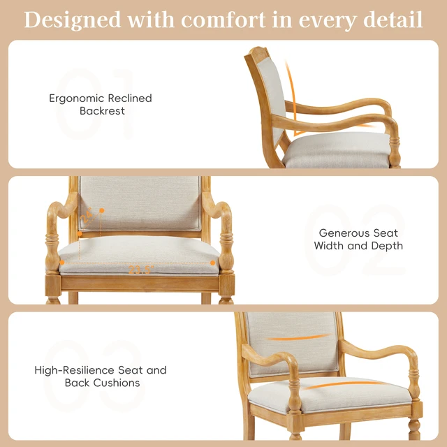Alt view image 5 of 7 - 28.5 Inch Upholstered Accent Chair with Solid Wood Frame, Spindle Legs Carved Arms Polyester Armchair for Living, Beige