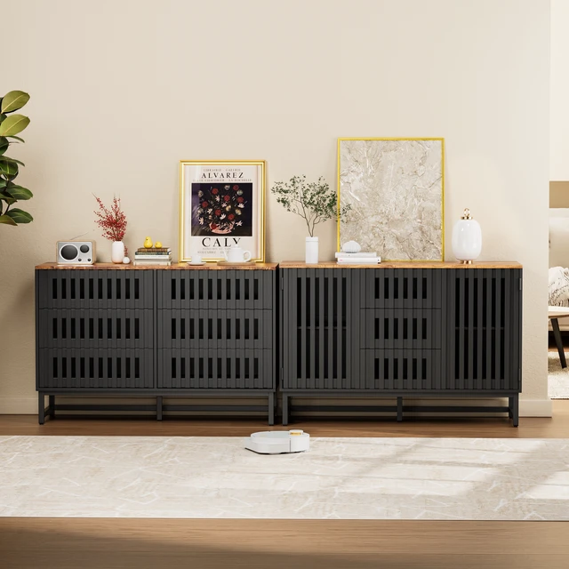 Alt view image 6 of 7 - 6 Drawer Double Dresser with Slatted Grille Striped Drawer, Dresser High MDF and Metal Leg, Black Brown, MDF, Cabinets