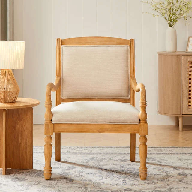 Alt view image 3 of 7 - 28.5 Inch Upholstered Accent Chair with Solid Wood Frame, Spindle Legs Carved Arms Polyester Armchair for Living, Beige