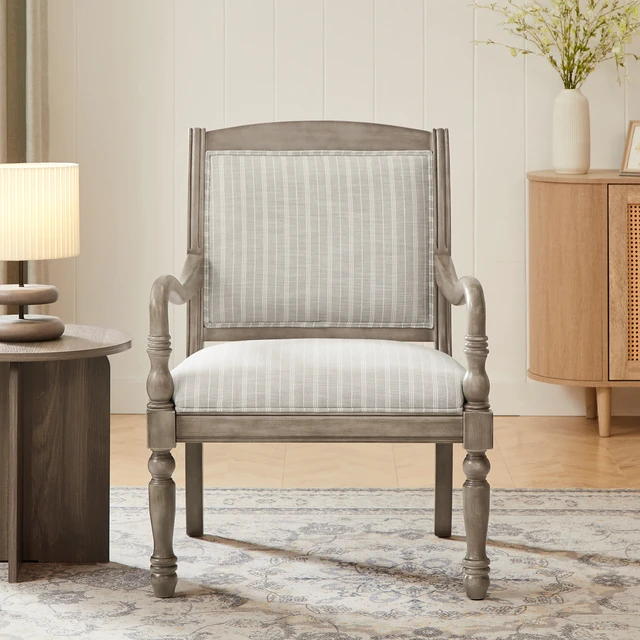 Alt view image 3 of 7 - 28.5 Inch Upholstered Accent Chair with Solid Wood Frame, Spindle Legs Carved Arms Polyester Armchair for Living, Gray
