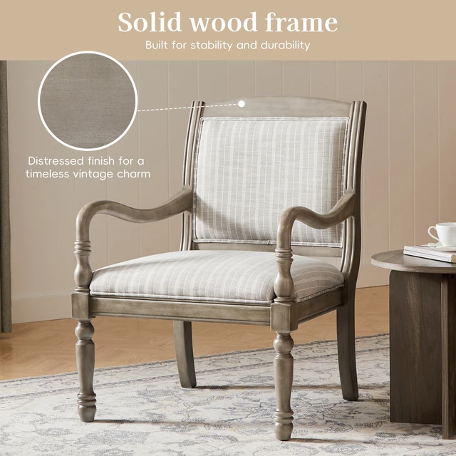 Alt view image 7 of 7 - 28.5 Inch Upholstered Accent Chair with Solid Wood Frame, Spindle Legs Carved Arms Polyester Armchair for Living, Gray