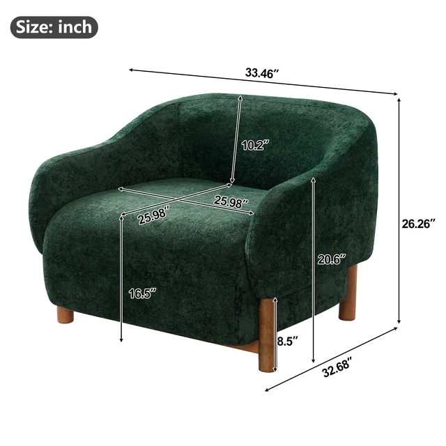 Alt view image 2 of 7 - Accent Chair Chenille Upholstered Armchair with Recessed Arms and Tight Back Rubberwood Legs Single Seating for Living