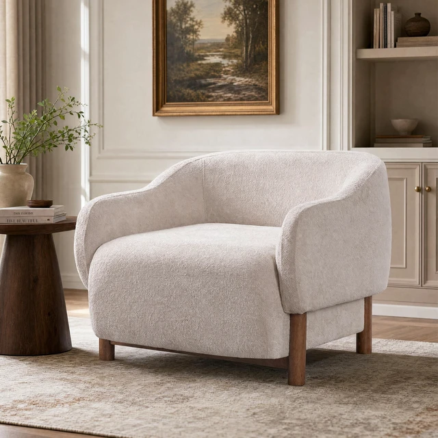 Main image of Accent Chair Chenille Upholstered Armchair with Recessed Arms and Tight Back Rubberwood Legs Single Seating for Living