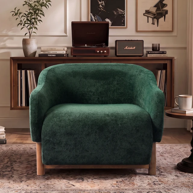 Alt view image 4 of 7 - Accent Chair Chenille Upholstered Armchair with Recessed Arms and Tight Back Rubberwood Legs Single Seating for Living