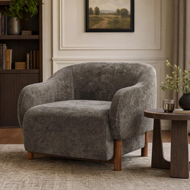 Main image of Accent Chair Chenille Upholstered Armchair with Recessed Arms and Tight Back Rubberwood Legs Single Seating for Living