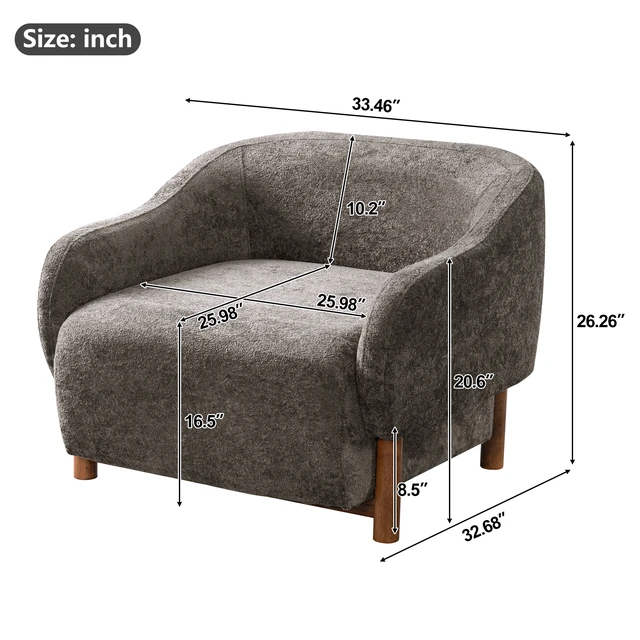 Alt view image 2 of 7 - Accent Chair Chenille Upholstered Armchair with Recessed Arms and Tight Back Rubberwood Legs Single Seating for Living