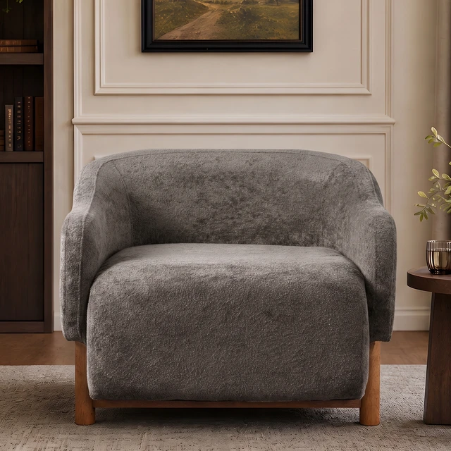 Alt view image 4 of 7 - Accent Chair Chenille Upholstered Armchair with Recessed Arms and Tight Back Rubberwood Legs Single Seating for Living