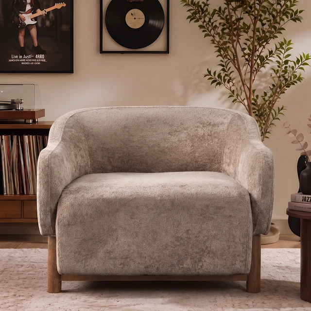 Alt view image 3 of 7 - Accent Chair Chenille Upholstered Armchair with Recessed Arms and Tight Back Rubberwood Legs Single Seating for Living