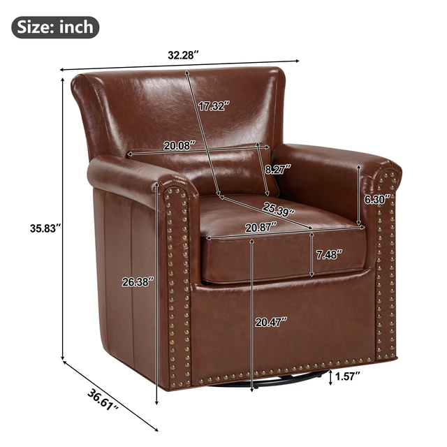 Alt view image 2 of 7 - 360° Swivel Accent Chair Leather Upholstered Club Chair with Rolled Arm, Sewn Pillow Back and Nailhead Trim Metal Base